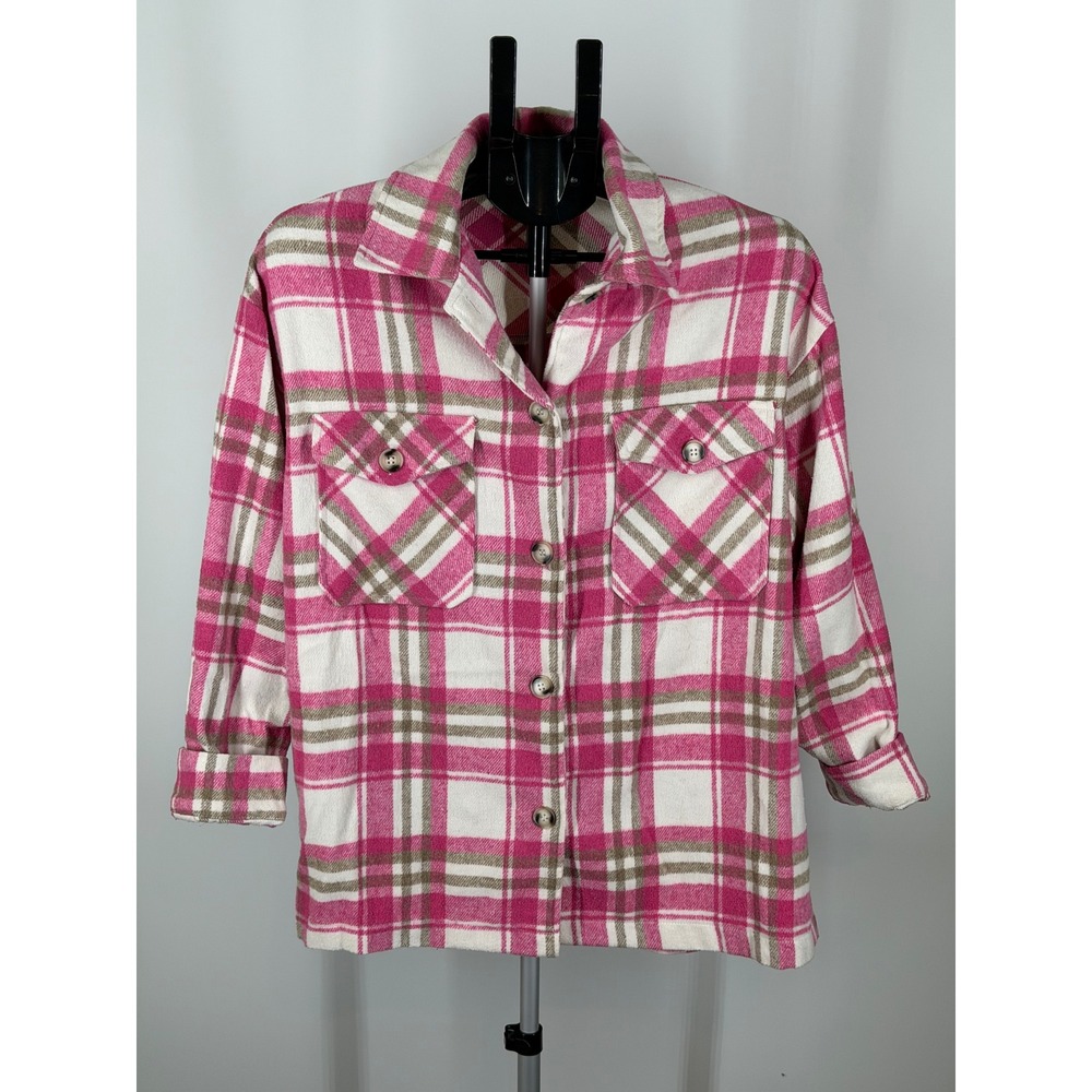 Hyfve Pink Plaid Shacket Womens Small Button Down Flannel Jacket S
